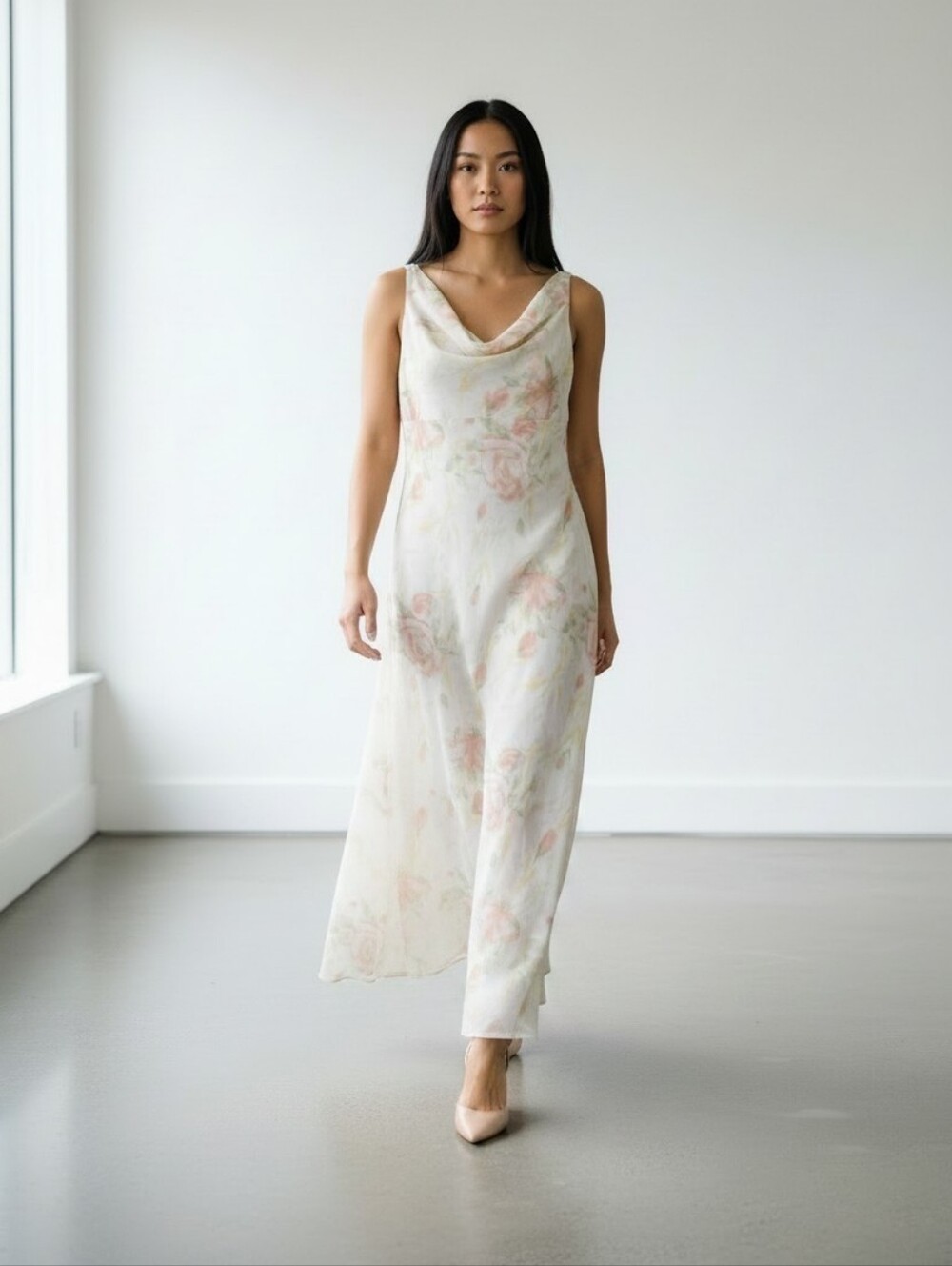 Vintage Giorgio Fiorlini Maxi Dress 14 Floral Cowl Neck Fairy Romantic Womens